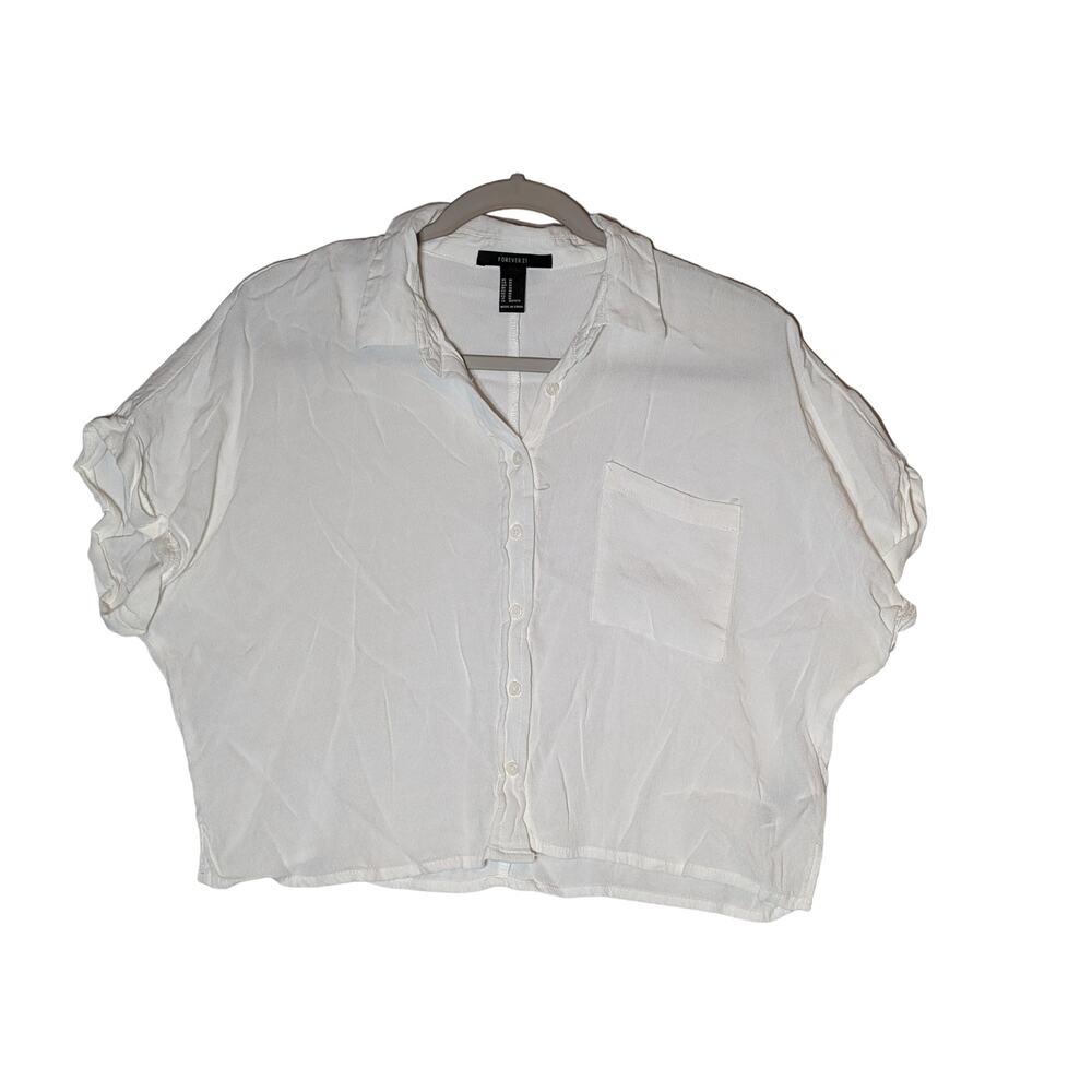 Forever 21 Cropped Top‎ Medium White Sheer Button Up Collared Centre Seam Layer